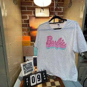 Barbie Abstract Logo Mens and Womens Short Sleeve T-Shirt (White,